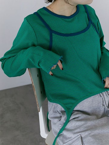 【SET ITEM】撞色滾邊條紋造型背心+木耳捲長袖上衣(0F000491710) - ehka sopo