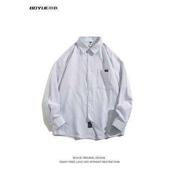 BOYUE帛躍條紋長袖襯衫日系復古休閑學院風外穿工裝襯衣男女潮流