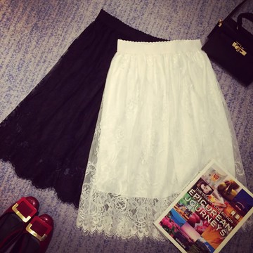 裙 雜誌款優雅層次感蕾絲中長裙(黑/白)