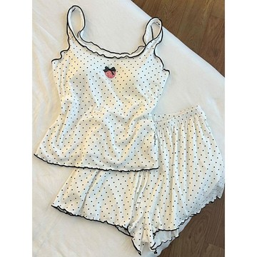 【臺灣出貨】韓系甜美少女波點高級吊帶帶胸墊短褲兩件套 大尺碼 睡衣女 夏天家居服兩件套 可外穿 免穿內衣