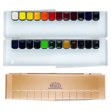 韓國【Mission】金級塊狀水彩24色組(含防彈玻璃調色盤)
