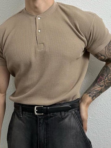 特大碼300斤高品質華夫格亨利領寬松休閑短袖T恤男士夏季復古體恤