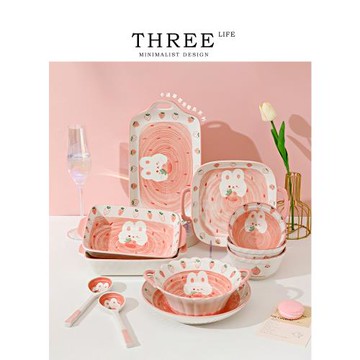 Tlife·Rabbit·餐具套裝碗家用湯碗米飯碗陶瓷碗盤組合 | 草莓兔