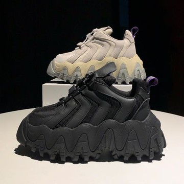 歐洲站2023新款網紅百搭波浪厚底松糕拼色運動增高老爹鞋女ins潮