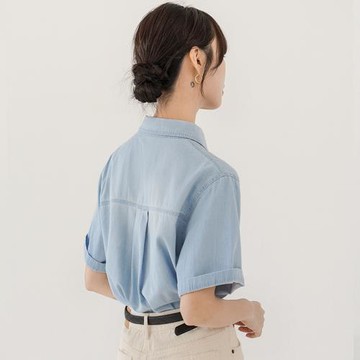 港風復古牛仔短袖襯衫女夏2024新款高級感休閑寬松慵懶風天絲上衣