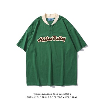 悟空有貨日系字母植絨棒球領短袖T恤男復古學院風百搭bf休閑體恤