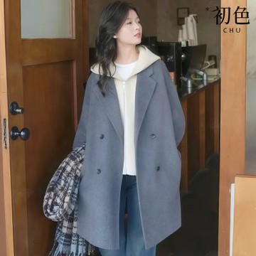 初色 韓系純色西裝領毛呢長袖寬鬆中長版大衣外套+連帽馬甲無袖拉鍊內搭背心套裝-灰色-17120(M-2XL可選)