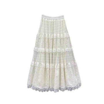 2025年春季新款法式花邊拼接蕾絲鏤空蛋糕裙A字高腰純色半身裙女
