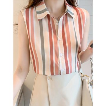 夏季新法式條紋拼接坎肩背心小香風襯衫無袖雪紡打底衫百搭上衣女