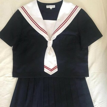 短袖jk制服套裝 藏青衣服白領子 日系水手服學生校服紅二本夏