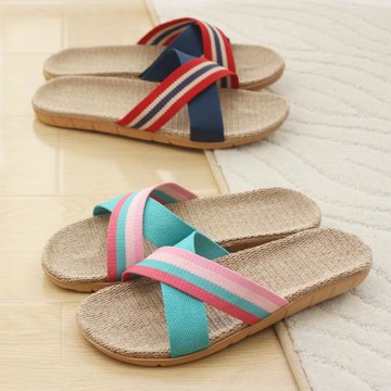 夏季條紋草編亞麻拖鞋情侶厚底居家用室內男士女防滑日式地板涼拖