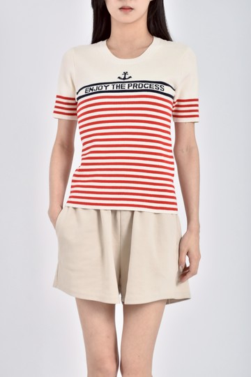 (XS（含）以下) moma針織條紋紅色短袖上衣