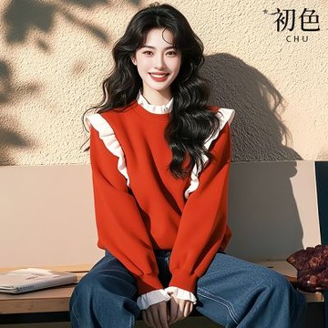 初色 木耳邊半高領長袖假兩件拼接造型上衣女上衣-紅色-16879(M-2XL可選)