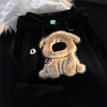 美式慵懶chic植絨小狗連帽衛衣男女秋冬情侶寬松oversize薄款外套