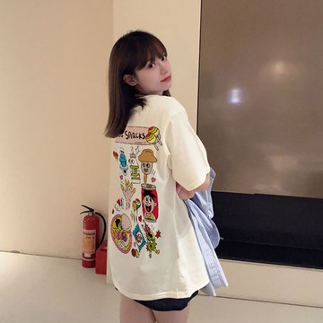 💕甜心大尺碼💕M-6XL 大尺碼LAPAY-P夏季短袖t恤女韓版白色卡通印花圓領休閒百搭正肩上衣T恤3797