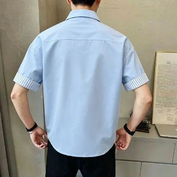 男士短袖襯衫 夏季高級小衆短袖襯衫條紋設計撞色26新款拼接高級百搭上衣男裝0823