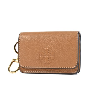 TORY BURCH THEA 浮雕LOGO荔枝紋釦式卡包/零錢包-提拉米蘇