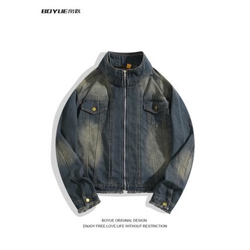 BOYUE帛躍短款假兩件牛仔外套秋冬設計感毛邊復古bf小眾男女夾克
