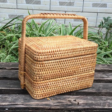 越南秋藤編雙層便當盒點心茶點提籃送餐籃食盒婚慶提籃零食糖果籃