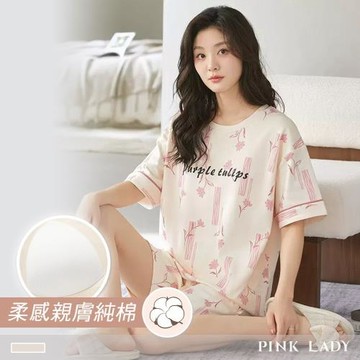 【PINK LADY】純棉 罩杯式 浪漫花語 短袖短褲 兩件式成套睡衣 居家服(女睡衣/落肩/自帶胸墊/春夏睡衣) 2253