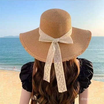 海邊度假🌟 草帽沙灘新款海邊蝴蝶結出遊遮陽防曬帽簷蕾絲太陽帽遮陽帽帽子沙灘帽 防曬帽