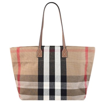 BURBERRY 8084047 經典格紋棉麻肩背大托特包.咖邊