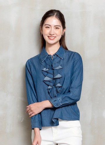 *層影微藍荷葉飾丹寧襯衫