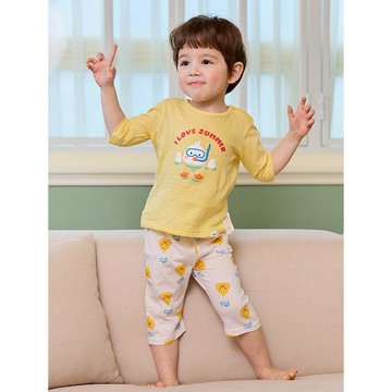 韓國 Cordi-i - 無螢光棉透氣緹花七分袖家居服/睡衣-浮淺鴨鴨-黃X白