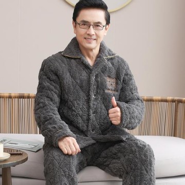 中老年人爸爸男士睡衣冬季加厚三層珊瑚絨夾棉加絨家居服保暖套裝