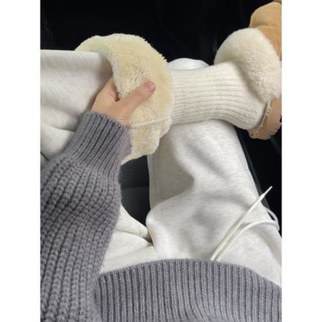 羊羔絨運動褲女秋冬季加絨保暖棉褲休閑闊腿褲小個子加厚白色衛褲