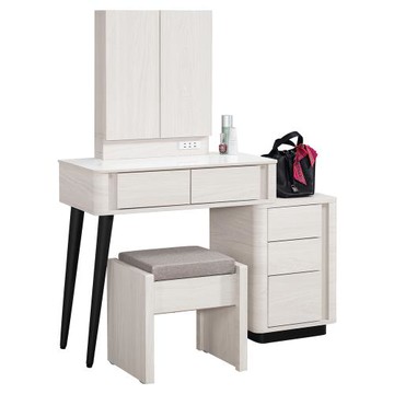 Boden-奧菲2.7尺岩板伸縮化妝桌/開門式鏡台/梳妝台(附插座+收納化妝椅-寬80~110公分)