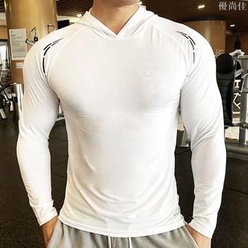 運動連帽長袖男士t恤秋季速干衣透氣彈力緊身衣休閒跑步訓練服
