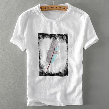 [米蘭精品] 亞麻T恤棉麻短袖上衣-印花羽毛刺繡棉麻男裝父親節禮物73xf18