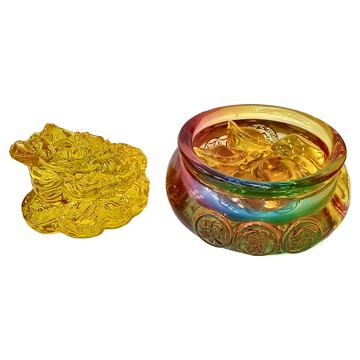 招財水晶琉璃開運擺件 聚寶盆 + 金蟾蜍  金色  18 x 12 x 5cm