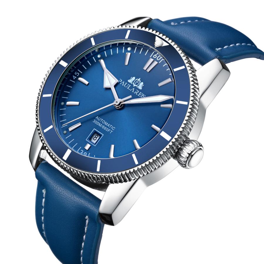 腕時計 メンズ PAULAREIS ブルー レザー 自動巻き 機械式 