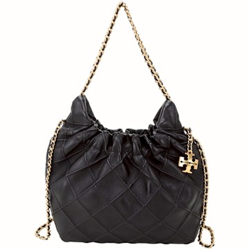 TORY BURCH Fleming Hobo 雙鍊帶菱格納帕皮革手提 斜背流浪包(黑色)