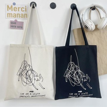小眾原創個性涂鴉設計可愛貓咪單肩帆布包包女夏手提外出通勤布袋