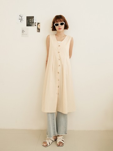純棉素色V領開襟無袖長洋裝