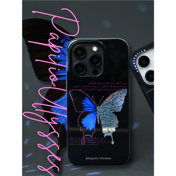 【支持16】星期天家破碎天堂鳳蝶黑色閃粉鏡面iPhone14ProMax蘋果15手機殼16適用情侶鏡頭保華為mate60p70