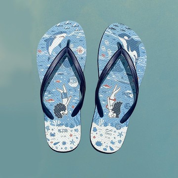 女款防水防滑夾腳拖鞋 馬子狗聯名人字拖 情侶涼拖鞋 -海洋潛水-