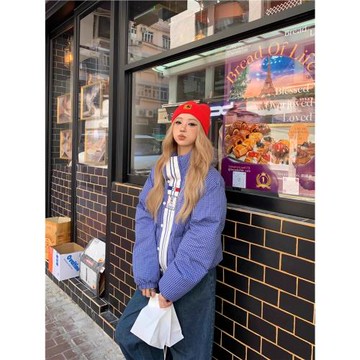 珍珍很懶 美式復古運動風加厚2024冬季寬松短款外套棉服長袖格子