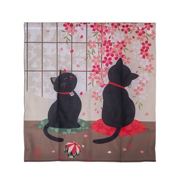 針織中門簾-85x90cm-賞櫻招福貓咪-2條