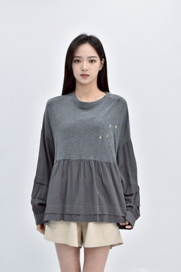 (XL) a la sha棉質刺繡純棉灰色長袖上衣