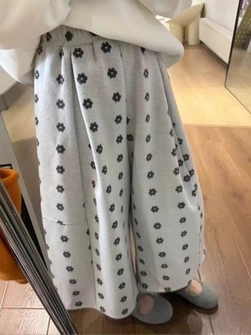 刺繡花朵毛呢八分褲／冬季加厚毛料闊腿鬆緊腰寬褲－【350724】