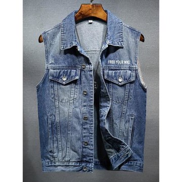 春秋季牛仔馬甲男士韓版潮流坎肩印花無袖夾克背心馬夾夏上衣外套