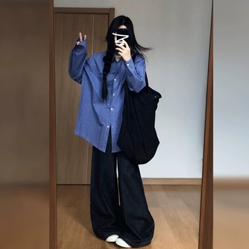 M-3XL 大尺碼 格子藍色襯衫寬鬆慵懶風胖mm顯瘦疊穿長袖襯衣開衫外套