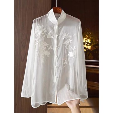 2025夏季潮牌刺繡高端襯衫女復古中式歐根紗薄款防曬開衫上衣外搭