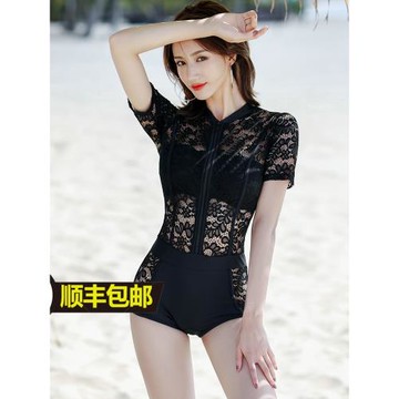 黑色蕾絲鏤空微性感速干連體短袖平角超仙女范成人泡溫泉游泳衣服