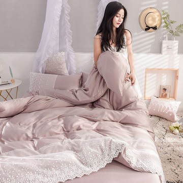 公主風天絲床包四件組 水洗真絲床包四件組 雙人加大雙人床包組 純色蕾絲花邊 裸睡絲滑涼感 被套枕套 香檳色