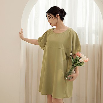 OB大尺碼-雲朵自訂款-大圓領車線泡泡袖短洋裝(XL-3L)